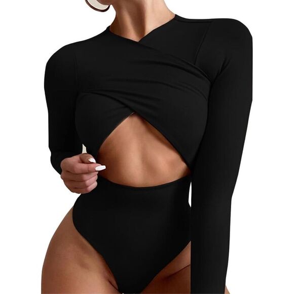 NEW Bodycon Long Sleeve Crisscross Cutout Front Bodysuit XL - Picture 1 of 7